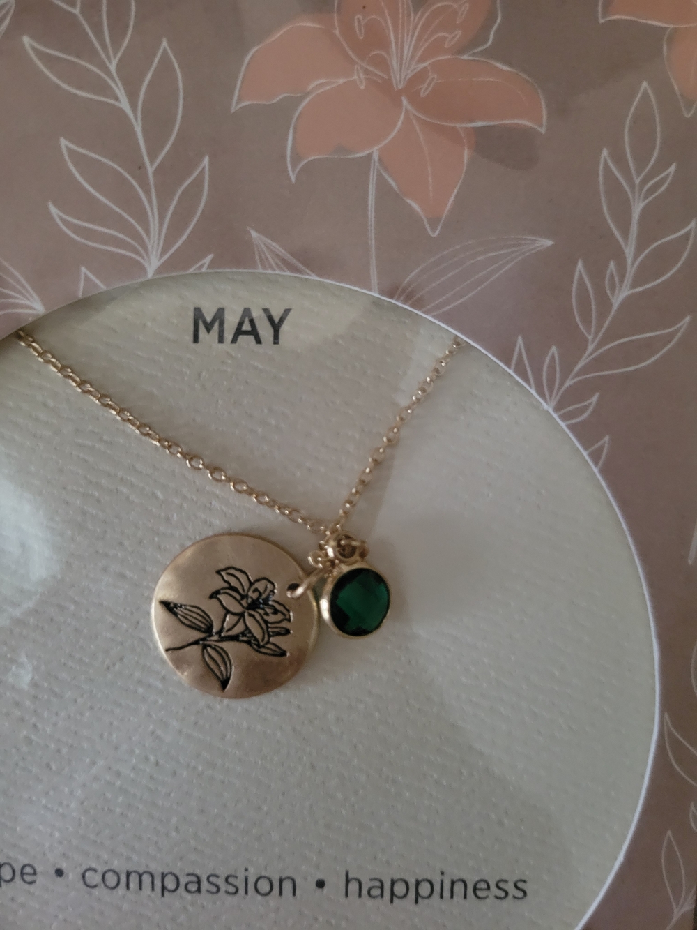 NWT Demdaco Gold Floral Disc Necklace with Green Birthstone Charm Month of May.